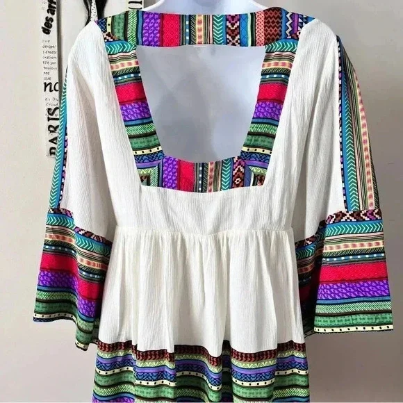 Esley Boho Festival Bell Sleeve Printed White Mini Dress Size L - Picture 9 of 13